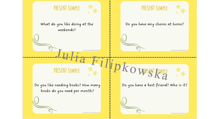 Present Simple/ Karty do mówienia/ Mówienie/ Speaking/ Konwersacje/ Klasy 4-8/ Klasy 4-6/ Klasy 6-8/ SP/ Warm-up/ Rozgrzewka/ Speaking cards/ Gramatyka/ Grammar/ Speaking cards grammar/ E8