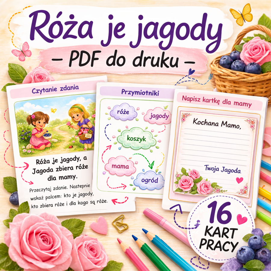 Róża je jagody – 16 kart pracy PDF do druku | czytanie, pisanie, liczenie