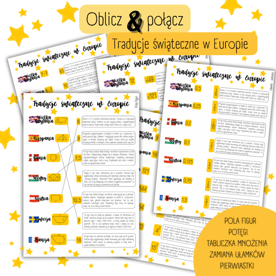 TRADYCJE ŚWIĄTECZNE W EUROPIE - pola figur/tabliczka mnożenia/potęgi/pierwiastki/ułamki - ŚWIĘTA/MIKOŁAJKI