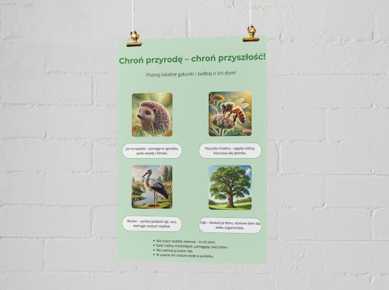 Plakaty informacyjne. Postawy proekologiczne (oszczędzanie wody, energii, segregacja odpadów). Cykl życia produktu - "od produkcji do recyklingu". Fauna i flora.