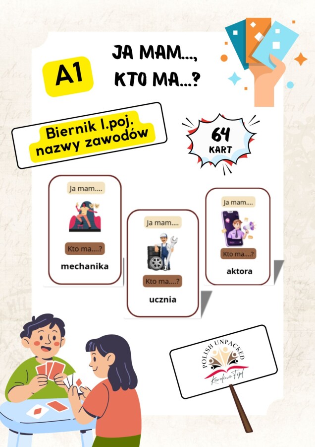 64 karty "Ja mam, kto ma" nazwy zawodów, biernik l.poj., jpjo poziom A1.