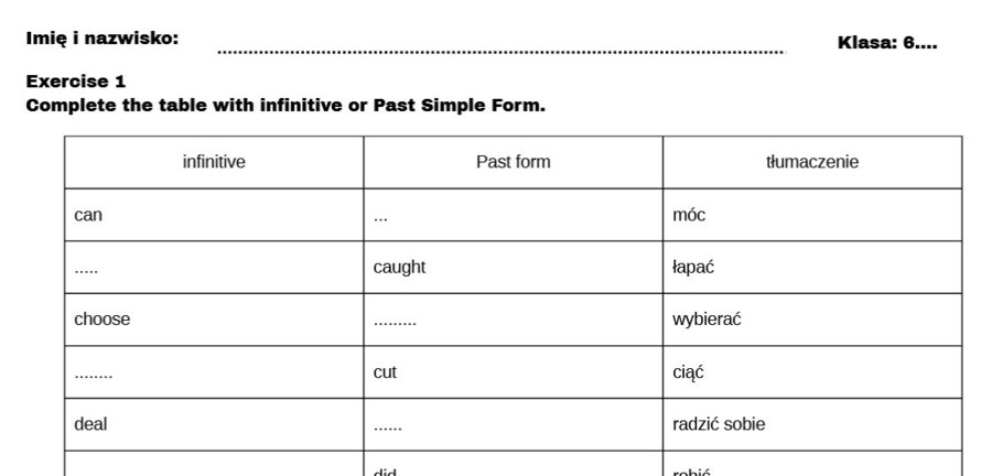 Kartkówka z czasowników nieregularnych 10-20