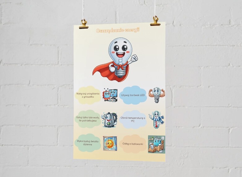 Infografiki na temat segregacji odpadów, oszczędzania wody i energii.