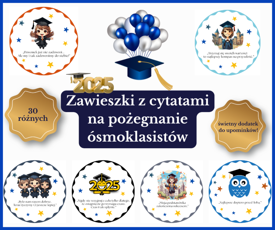 Zestaw 30 Zawieszek z Motywującymi Cytatami – Idealny na Pożegnanie Ósmoklasistów