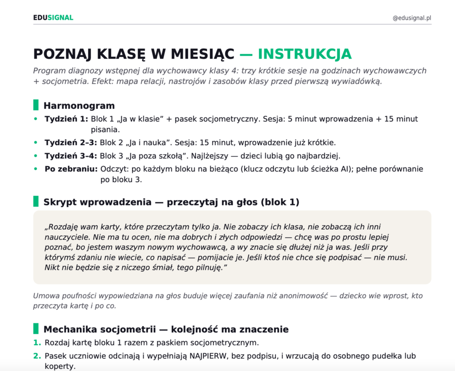 Poznaj klasę w miesiąc — karty diagnostyczne dla wychowawcy, klasa 4 (klucz odczytu + ścieżka AI)