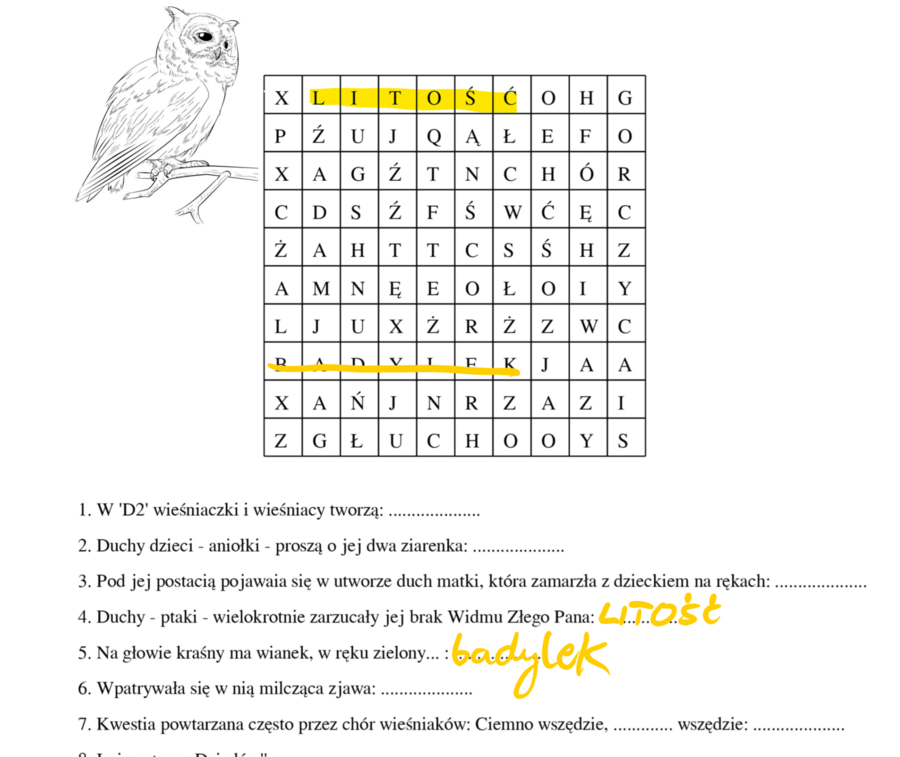 II część Dziadów - wykreślanka