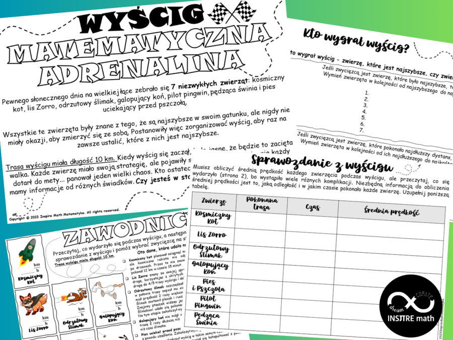 Wyścig Matematyczna Adrenalina. Prędkość, droga i czas. Edytowalna Karta Pracy.