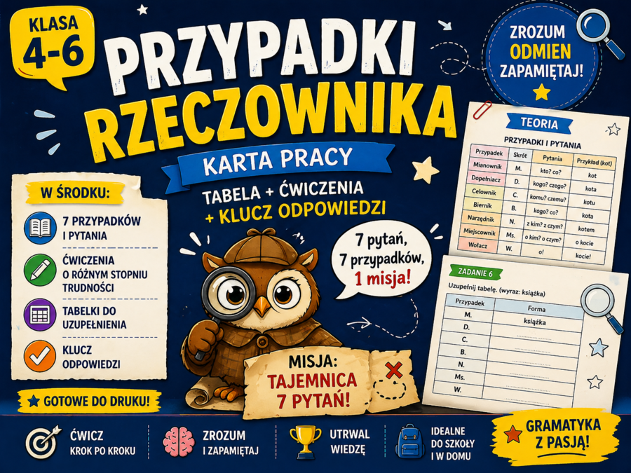 Przypadki rzeczownika – karta pracy kl. 4–6 | przykład + ćwiczenia + klucz odpowiedzi
