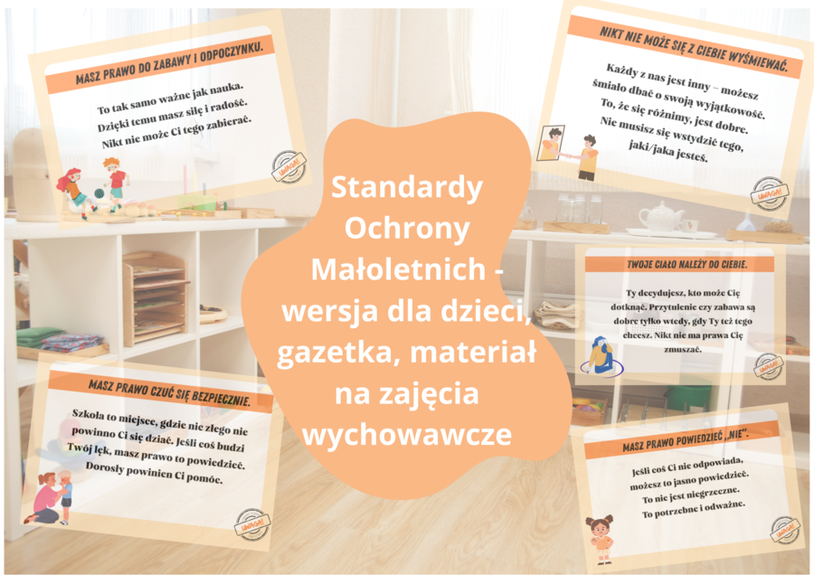 Standardy Ochrony Małoletnich, prawa dziecka - gazetka, materiał wychowawczy - wersja dla młodszych dzieci