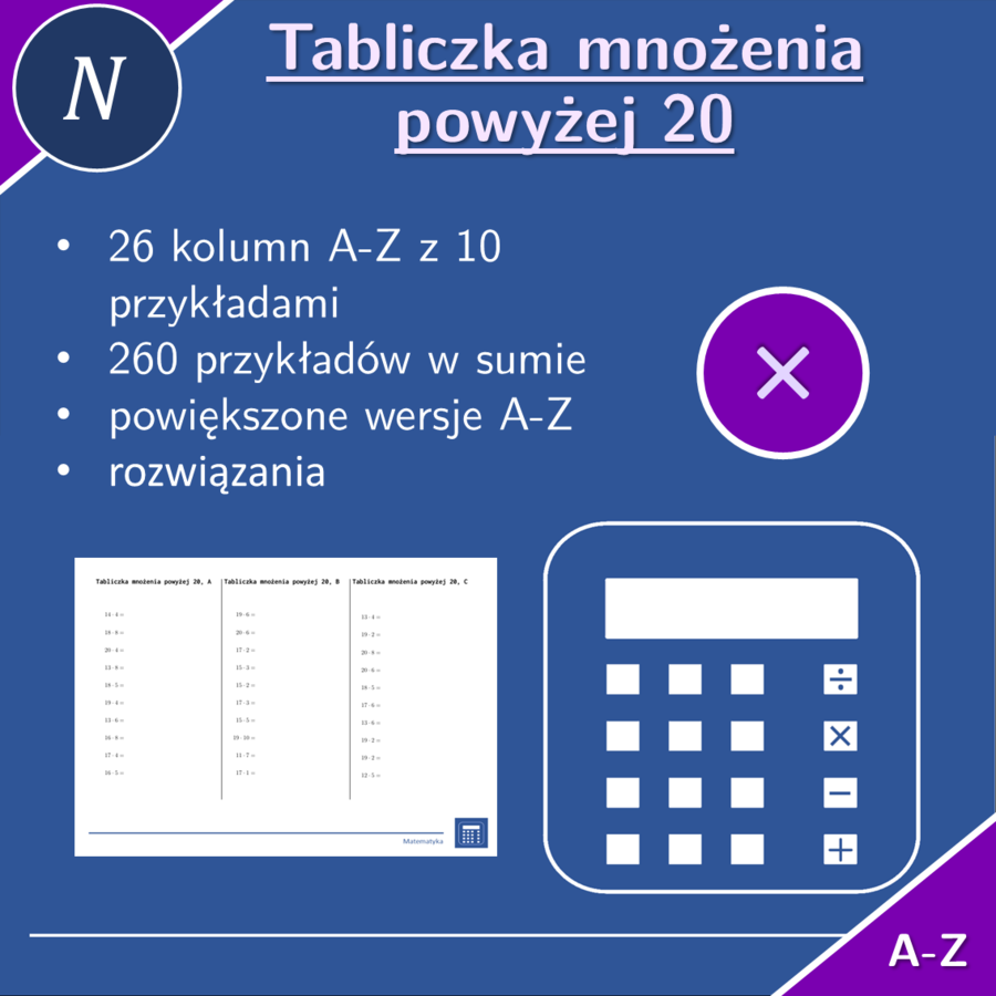 Tabliczka mnożenia powyżej 20 | matematyka | 26 kolumn