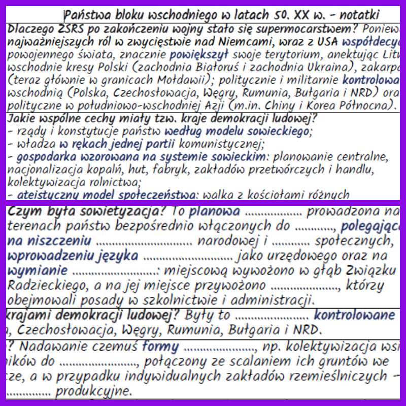 Państwa bloku wschodniego w latach 50. XX w. – notatki i karta pracy