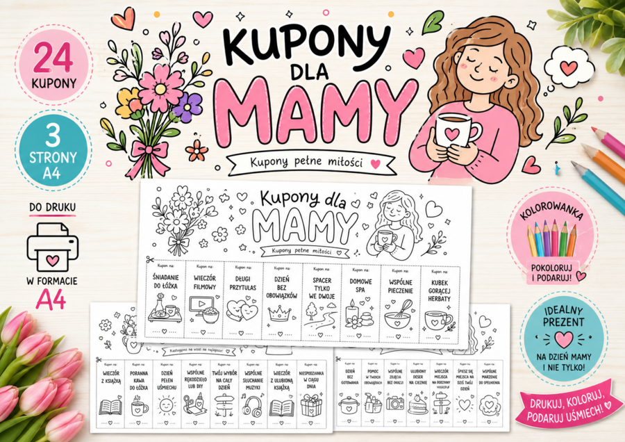 Kupony dla Mamy – Kolorowanka DIY | 24 Kupony do Wycięcia i Podarowania