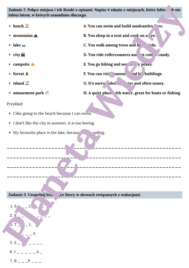 🌞WAKACYJNA KARTA PRACY – SUMMER HOLIDAY - SŁOWNICTWO 🌞- KLASY 4-8 SZKOŁY PODSTAWOWEJ- WYKREŚLANKA, BUDOWANIE ZDAŃ, MIEJSCA+RZECZY+AKTYWNOŚCI WAKACYJNE, CZYTANIE TEKSTU + ODPOWIEDZI