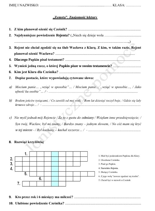 Kartkówka ze znajomości lektury "Zemsta" + odpowiedzi