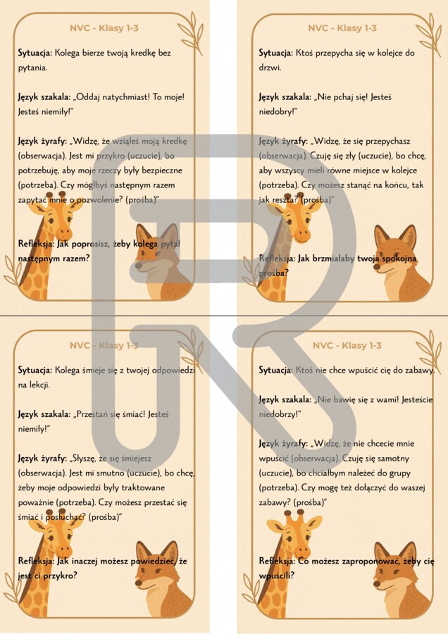 Pakiet Kart edukacyjno-terapeutycznych NVC „Język Żyrafy” – klasy 4–8 oraz 1-3 oraz plakaty Porozumienie bez przemocy DZIEN EMPATII, TUS, ZAJĘCIA ROZWIJAJĄCE KOMPETENCJE EMOCJONALNO- SPOŁECZNE, PEDAGOG, PSYCHOLOG, PROFILAKTYKA PRZEMOCY RÓWIEŚNICZEJ