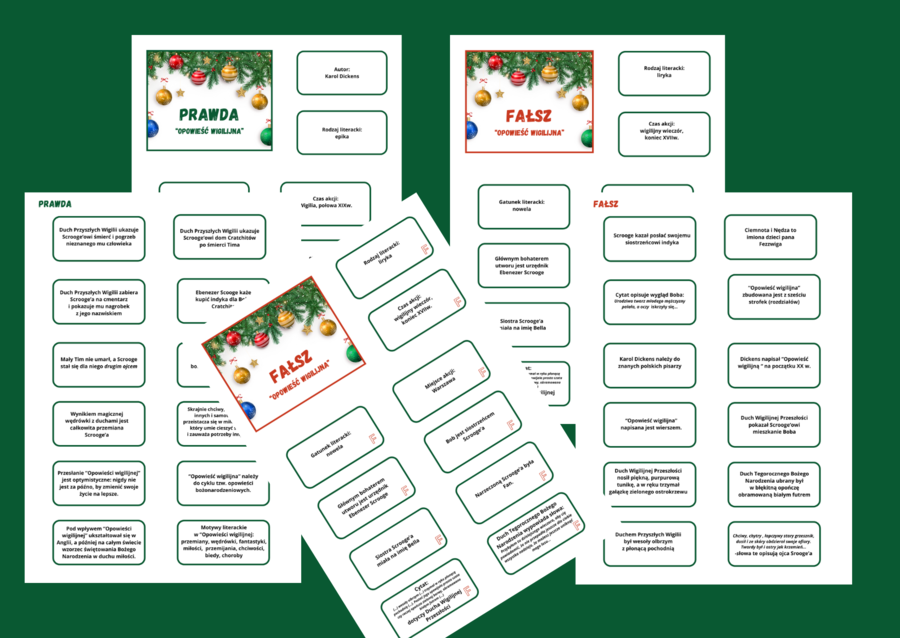 "OPOWIEŚĆ WIGILIJNA" - 68 fiszek - fiszki - PRAWDA - FAŁSZ - lektury obowiązkowe + ODPOWIEDZI