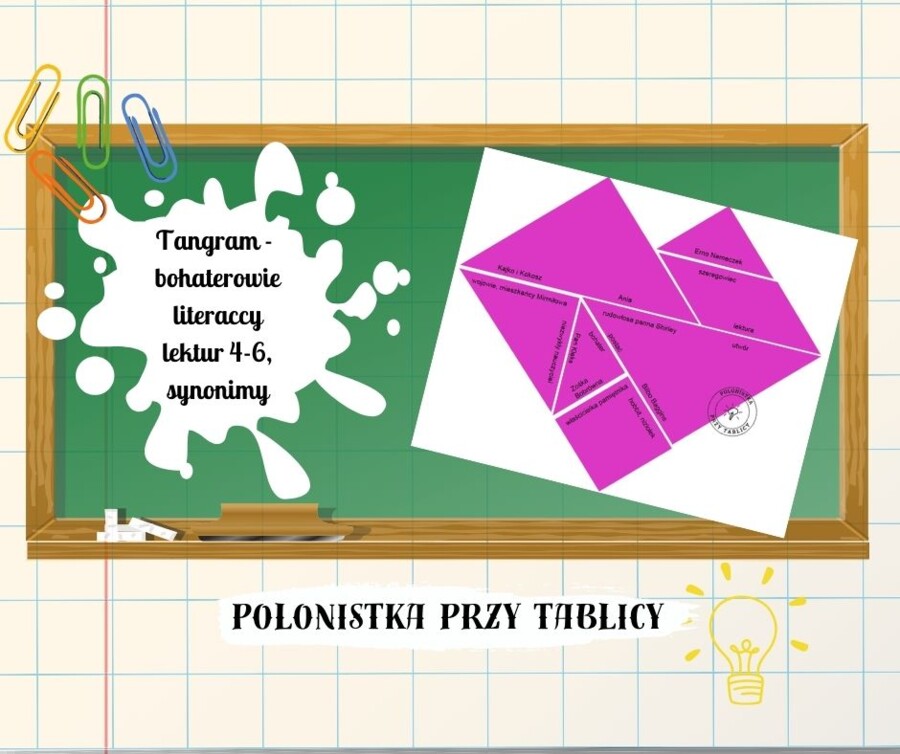 Bohaterowie literaccy 4-6 tangram "Ania z Zielonego...", "Chłopcy z Placu...", "Hobbit", "Kajko i Kokosz", "Akademia Pana Kleksa", "W pamietniku Zofii..."
