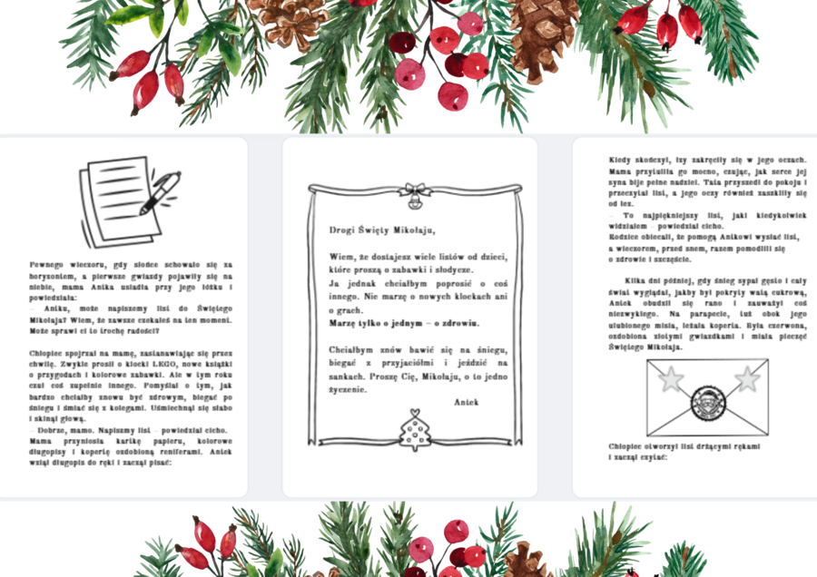 Świąteczna bajka terapeutyczna z morałem "List do Świętego Mikołaja", 9 stron do kolorowania, rewalidacja.
