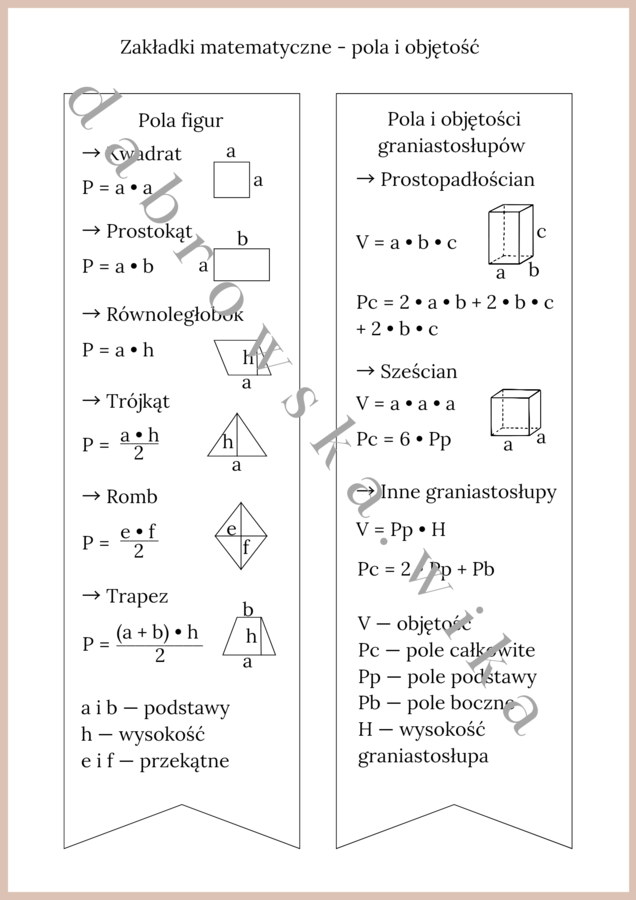Zakładki matematyczne - pola i objętość