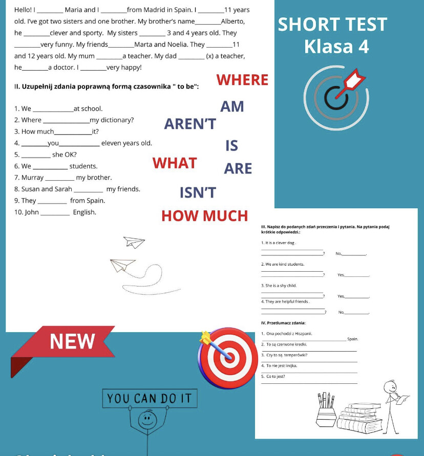 TO BE- SHORT TEST 2 strony- klasa 4