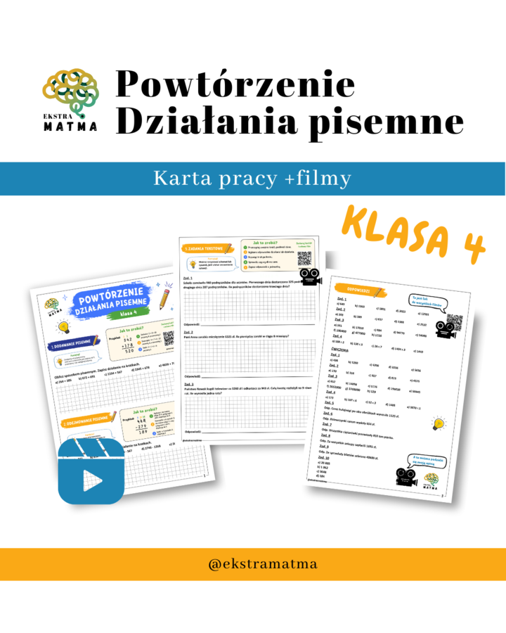 Powtórzenie. Działania pisemne. Klasa 4. Karta pracy +filmy.