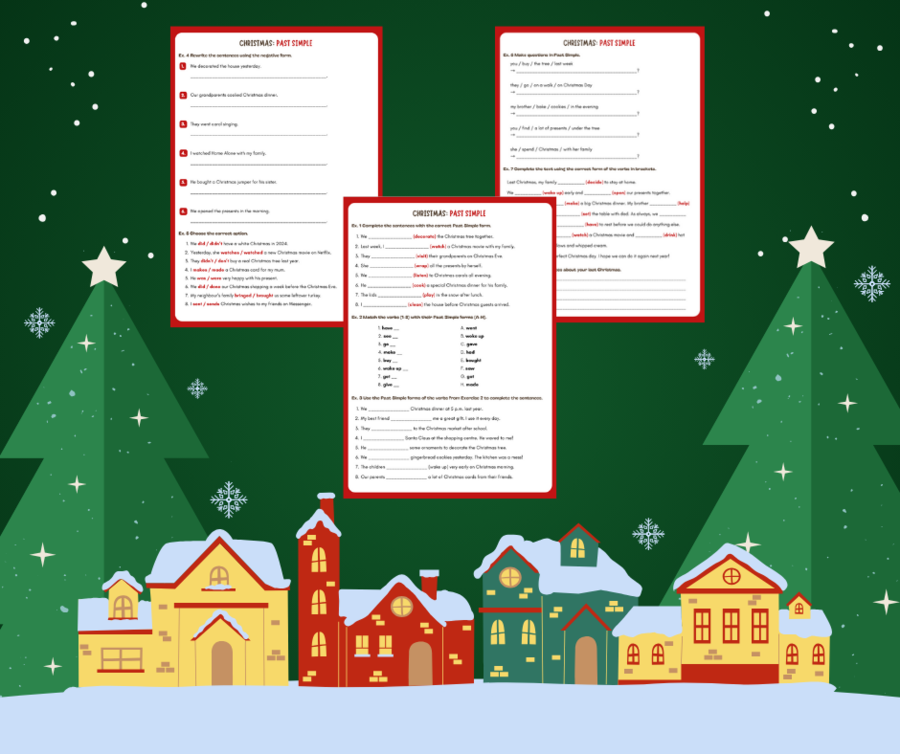 Past Simple – CHRISTMAS WORKSHEET | Świąteczne ćwiczenia z Regular & Irregular Verbs, Questions, Negatives + ANSWER KEY (A2/A2+)