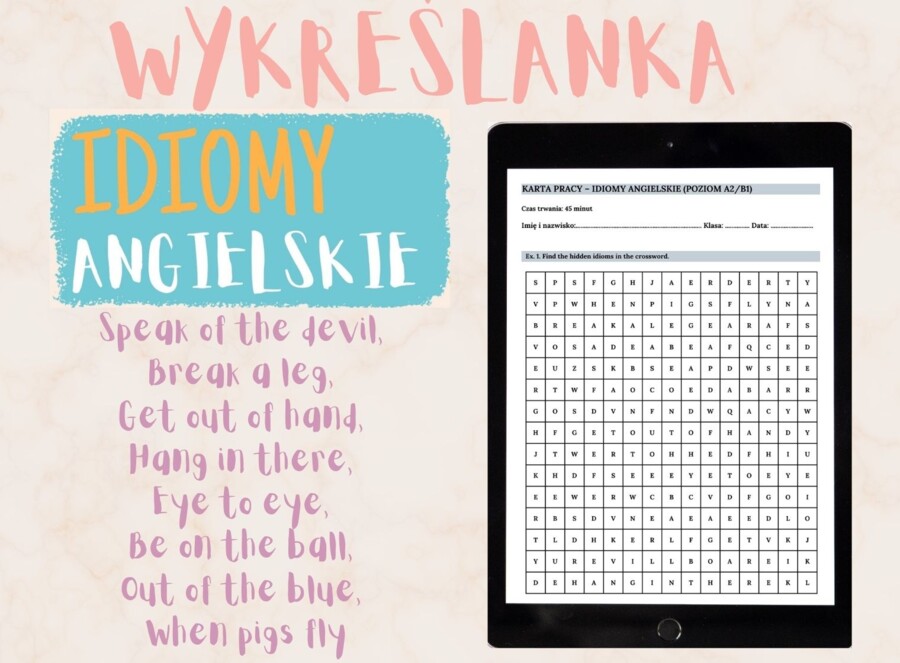 Wykreślanka Popularne Angielskie Idiomy Poziom A2/B1 – PDF do druku + Klucz Odpowiedzi