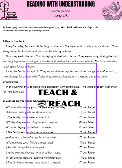 Reading with understanding czytanie ze zrozumieniem karta pracy 4/5 klasa present simple continous