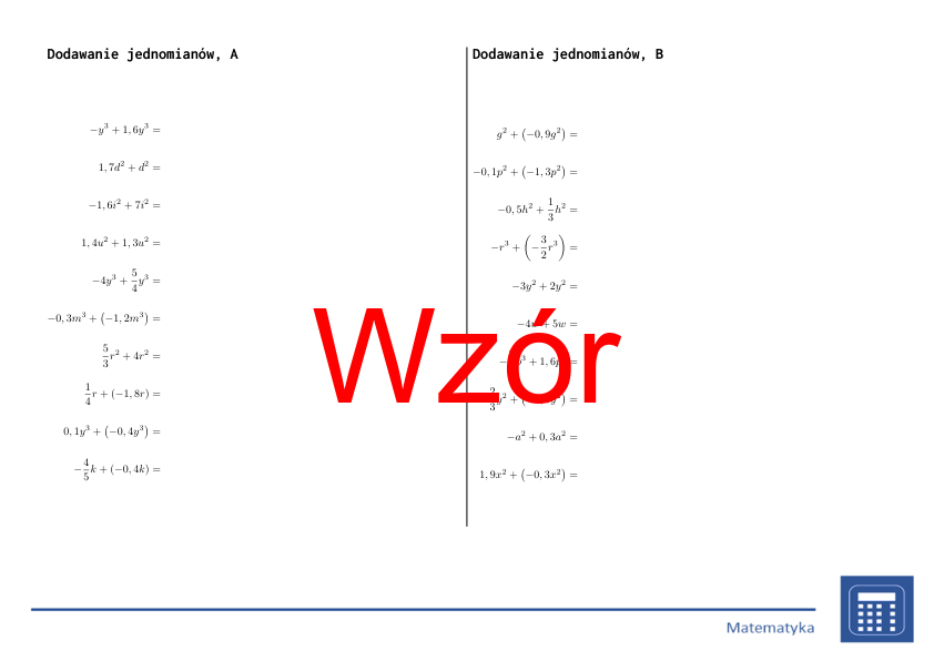 Dodawanie jednomianów | matematyka, algebra | 26 kolumn