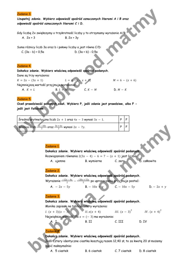 Zeszyt przygotowań do E8 z matematyki – wyrażenia algebraiczne i równania