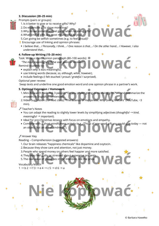 Karta pracy z czytanką The Psychology of Gift-Giving B1 przymiotniki opisujące emocje