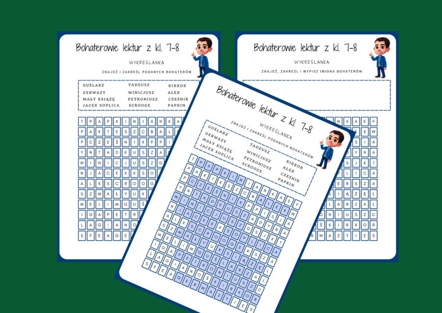 BOHATEROWIE LEKTUR z klas 7-8 - wykreślanka - powtórka - walentynki