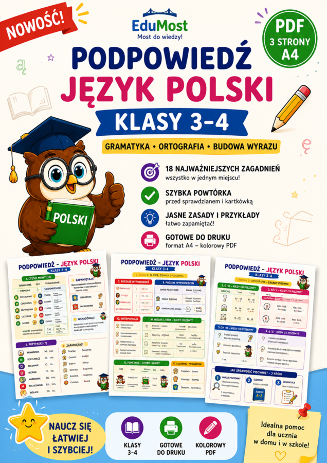 PODPOWIEDŹ – JĘZYK POLSKI | Klasy 3–4 | Gramatyka i ortografia | PDF A4