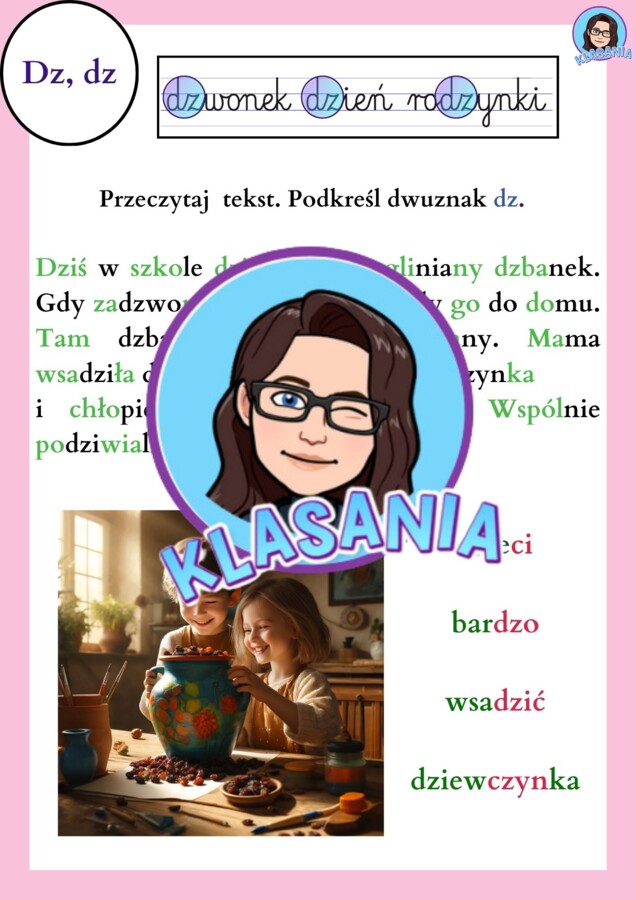 Klasa 1- indywidualne karty pracy- wspomaganie- dwuznak dz.