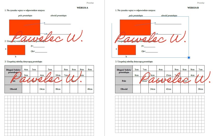 POLE I OBWÓD PROSTOKATA - sprawdzian, kartkówka, karta pracy dwie wersje/grupy, kl. 4 + odpowiedzi