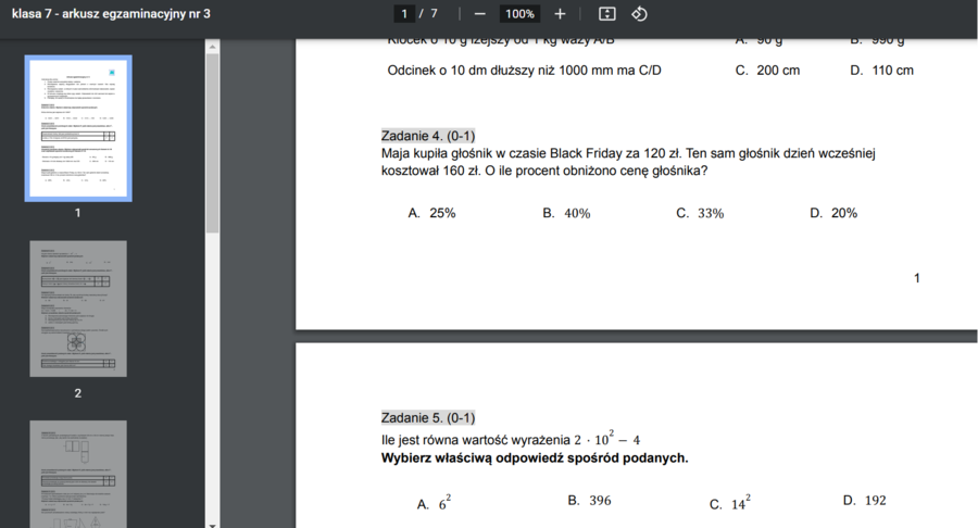 Egzamin ósmoklasisty z matematyki – arkusz nr 3 dla klasy 7