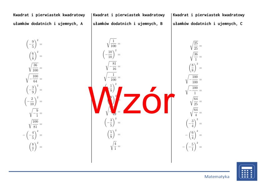 Kwadrat i pierwiastek kwadratowy ułamków dodatnich i ujemnych | matematyka | 26 kolumn