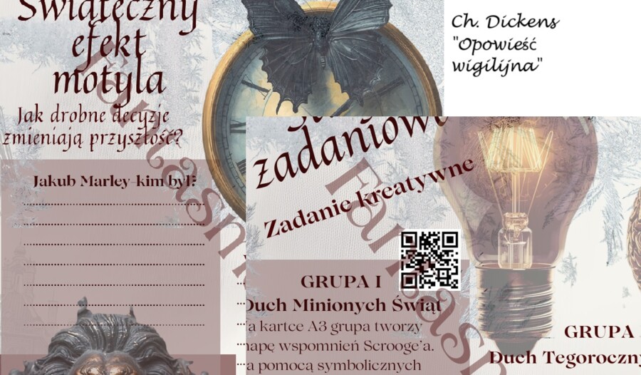 Karty pracy do lekcji na temat "Opowieści wigilijnej" Ch. Dickensa. Stacje zadaniowe. Odpowiedzi w kodach QR
