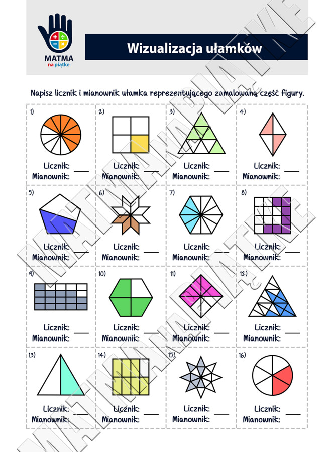 Ułamki zwykłe - Zestaw materiałów / Pakiet 4x A4 - Szkoła Podstawowa - Klasa 4 / 5 - Klasa Czwarta / Piąta - Ułamek zwykły jako część całości - Karta pracy o ułamkach zwykłych - Powtórzenie ułamków - Kolorowanka Wycinanka z ułamkami zwykłymi - Wizualizac