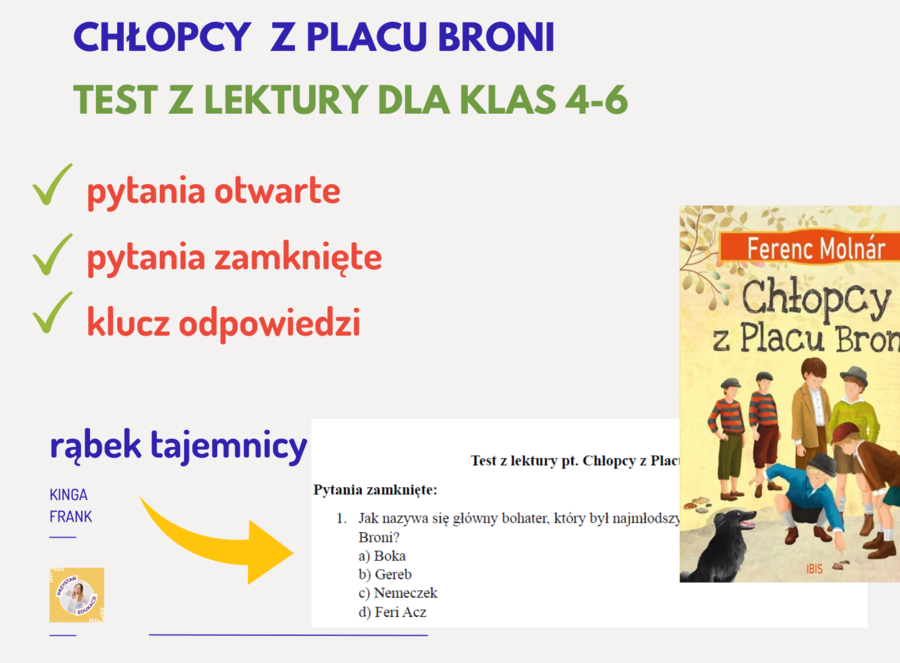 📚 Test z lektury "Chłopcy z Placu Broni" – pytania zamknięte, pytania otwarte, klucz odpowiedzi 🖊️