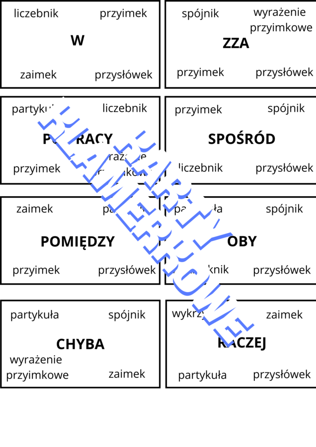 Karty - trudniejsze części mowy (zabawa z klamerkami)