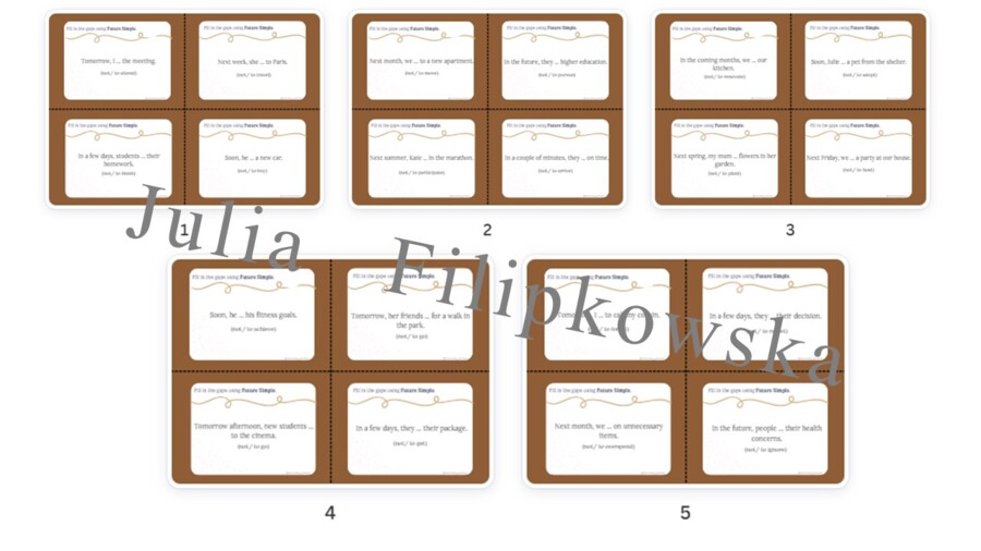 Future Simple Karty do mówienia/ Mówienie/ Speaking/ Zestaw/ Pakiet/ Klasy 4-8/ Klasy 4-6/ Klasy 6-8/ SP/ Warm-up/ Rozgrzewka/ Gramatyka/ Grammar/ Speaking cards grammar/ Grammar cards/ E8