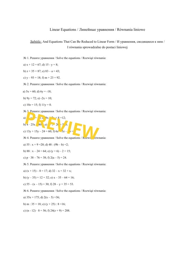 Równania liniowe - Zeszyt ćwiczeń trójjęzyczny (angielski, rosyjski, polski)