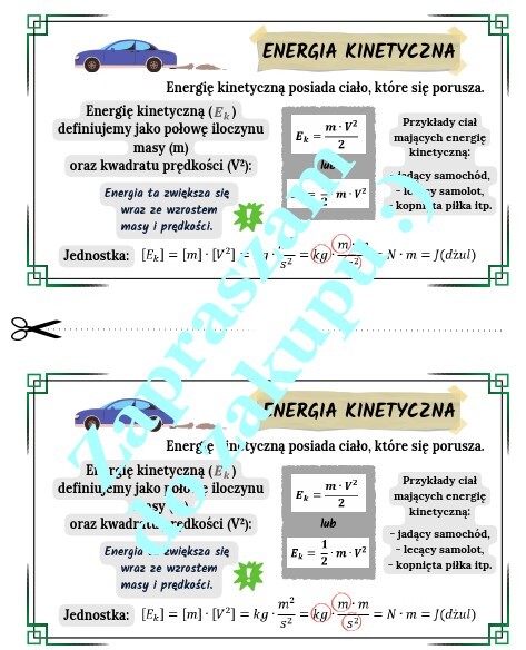 Energia kinetyczna - wklejka do zeszytu.