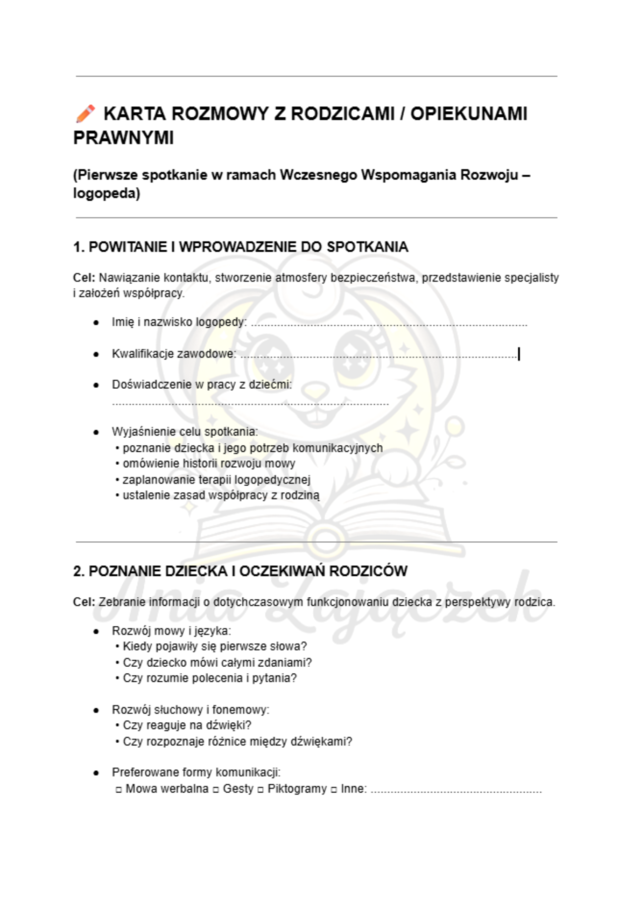Karta rozmowy z rodzicami na pierwsze spotkanie logopedy WWR Wczesne Wspomaganie Rozwoju Logopeda