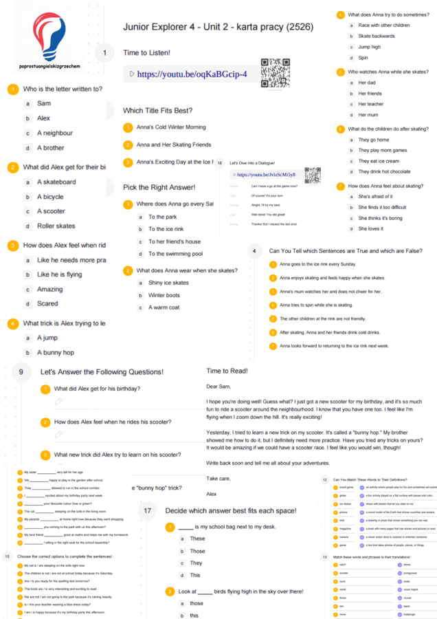 Junior Explorer 4 – Unit 2 – karta pracy