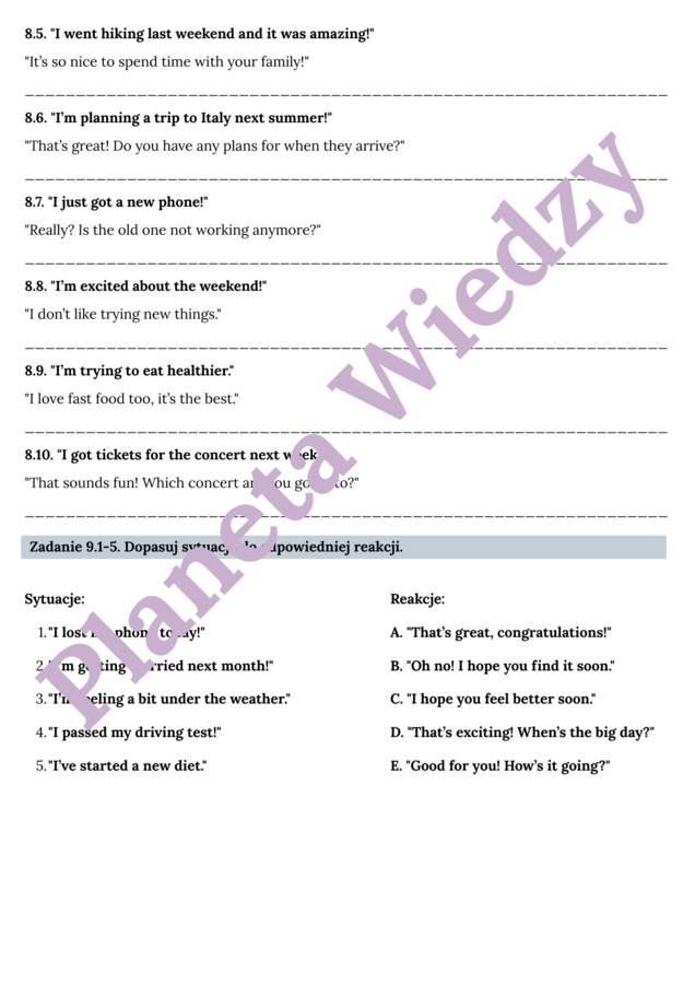 REAKCJE JĘZYKOWE - Zbiór zadań do egzaminu ósmoklasisty z języka angielskiego. Poziom A2/A2+ - codzienne sytuacje, uzupełnianie dialogów, tłumaczenie, dopasowywanie pytań