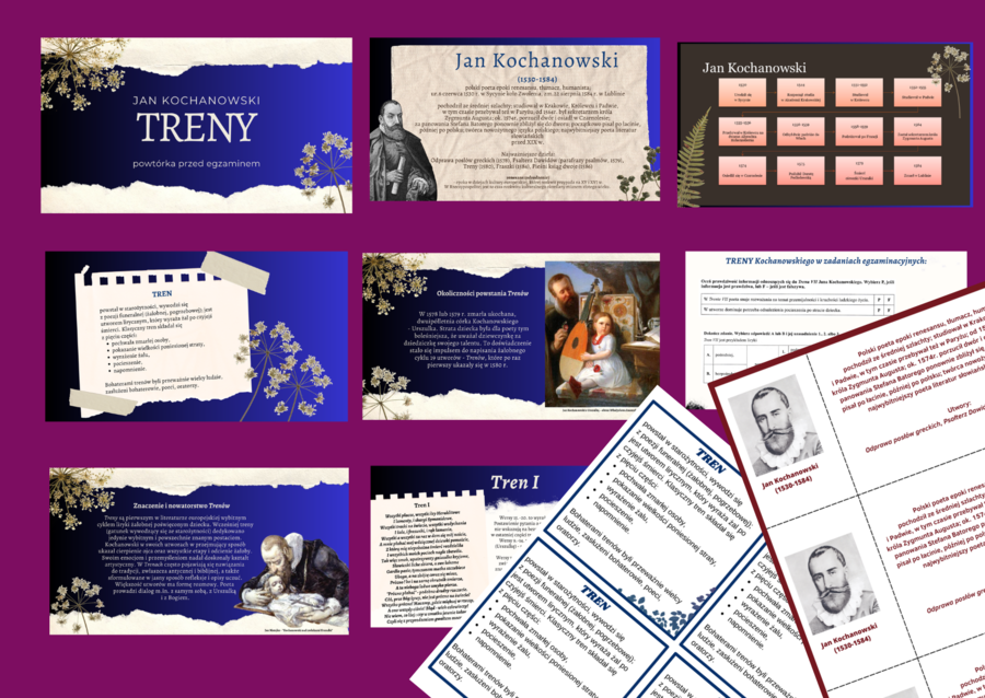 Jan Kochanowski TRENY – prezentacja + 2 wklejki – wklejka – egzamin – powtórzenie