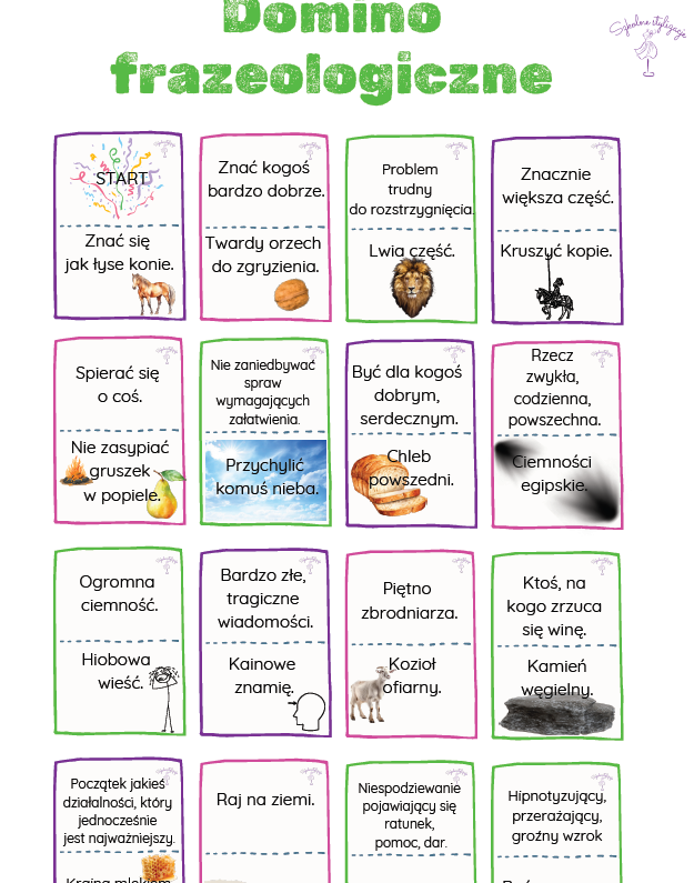 Domino frazeologiczne - Dzień Języka Ojczystego, gra, słownictwo, frazeologia, grywalizacja