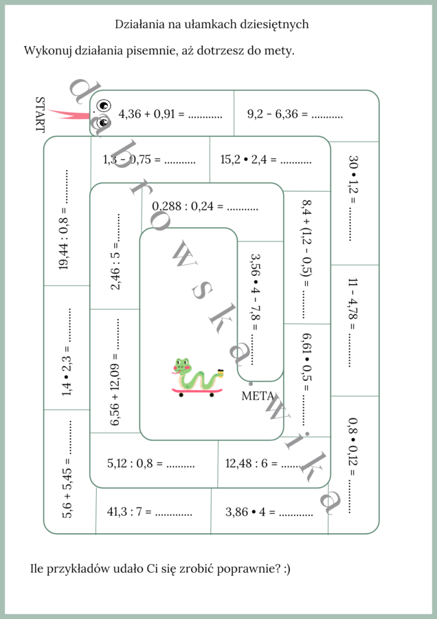 Działania na ułamkach dziesiętnych - wąż matematyczny